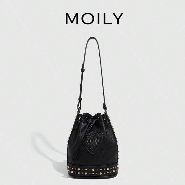 Bolsa Balde com Alça de Ombro Diagonal Estilo Punk de Rua, Combinada com uma Bolsa Debaixo do Braço Decorada com Rebites
