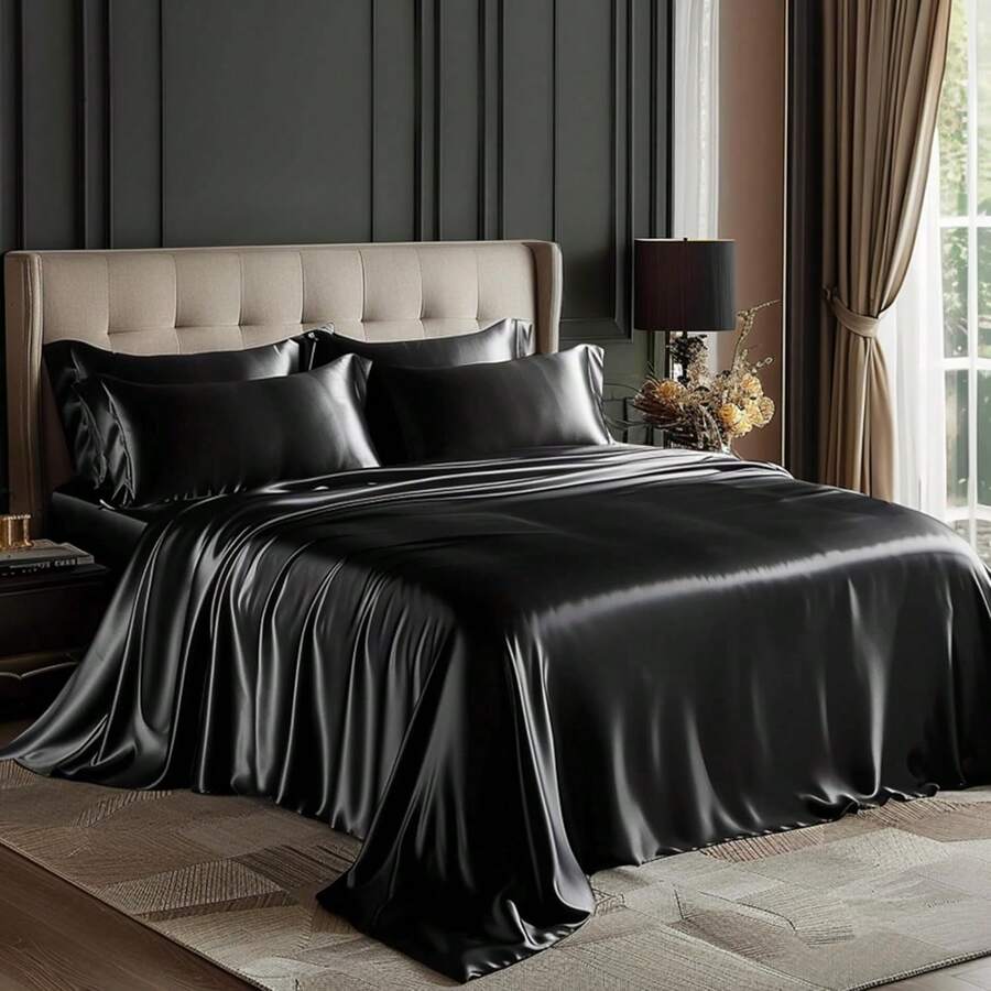 Satin Queen Sheets Set - 4 Piece Black Silky Bed Sheets Set With Deep Pocket, Luxury Silk Feel Satin Queen Size Sheet Set (1 Flat Sheet,1 Fitted Sheet,2 Pillow Cases) - 黑色 - 查看 1