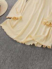 时尚性感圆领纯色喇叭袖镂空系带A字迷你连衣裙，优雅 - 杏色 - 查看 9