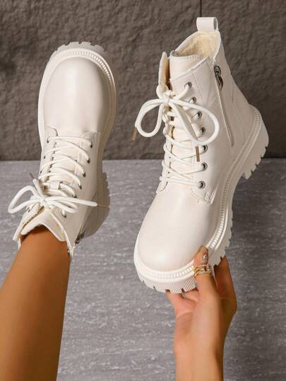 2025新款秋冬女靴，时尚百搭休闲靴，侧拉链女短靴，系带女鞋，保暖冬季女靴，平底舒适女靴