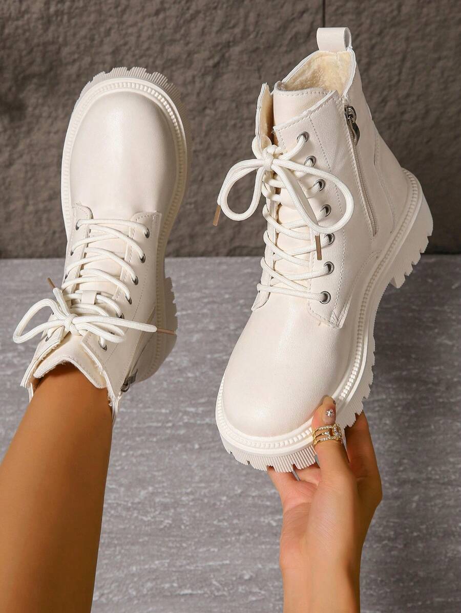 2025新款秋冬女靴，时尚百搭休闲靴，侧拉链女短靴，系带女鞋，保暖冬季女靴，平底舒适女靴 - 米色 - 查看 1