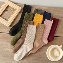 10 Pairs All Season Basic Solid Color Women Cotton Socks Girl Colorful In Tube Sock Free Size US5-9 - Cà phê nâu - Xem 6