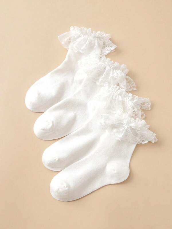2 Pairs/4 Pairs Women Lace Trim Mid-Calf Socks, Casual College Style Socks For Home And Travel
