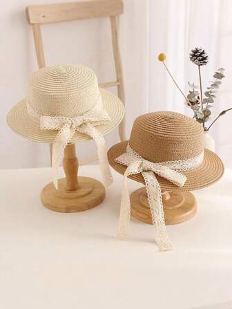 1 pièce Chapeau de soleil en paille avec nœud mignon pour enfants, chapeau tressé de princesse mode pour la plage et la protection solaire, convient pour un usage quotidien