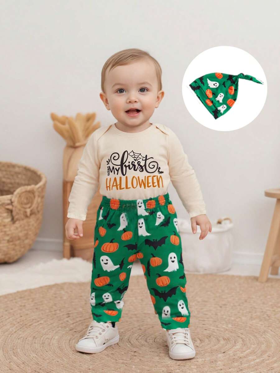 Baby Boy Halloween Clothes Letter Print Long Sleeve Romper Elastic Waist Ghost Pants And Hat 3Pcs Fall Outfit - Khaki - View 1