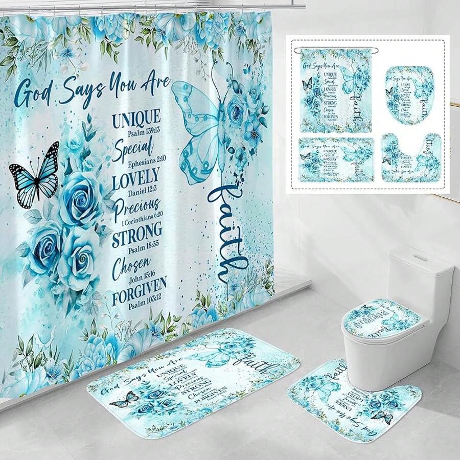 4 Pcs Yellow Inspirational Quotes Shower Curtain Set With Rugs And Toilet Lid Cover, Colorful Boho Waterproof Fabric Bathroom Set, Bible Verse Floral Bathroom Decor Set Accessories - 深青色 - 查看 1