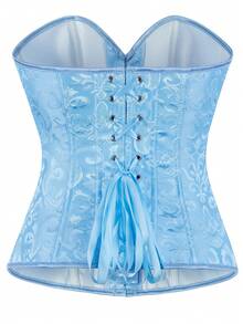 女士提花紧身胸衣，性感露背绷带抹胸吊带衫，无肩带露脐上衣 - 天藍色 - 查看 3
