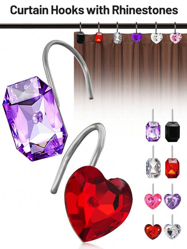 Set de 12 ganchos para cortina de ducha de cristal acrílico, de material de acero inoxidable, con opciones de formas redonda/corazón/cuadrada y multicolor, con anillos para cortinas en forma de S, para decoración del hogar, hotel, alquiler, nueva casa, boda - crea una atmósfera cálida y romántica