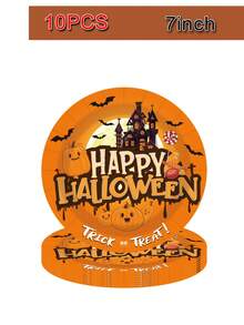 50pcs Halloween Theme Paper Plates, Cups And Napkins, Birthday Party Decorations, Happy Halloween, Pumpkin Bat, Castle Elements, 7 Inch Party Dessert Plates, 9 Inch Dinner Plates And 9oz Paper Cups, Napkins, Halloween Party Supplies - Multicolor - View 2