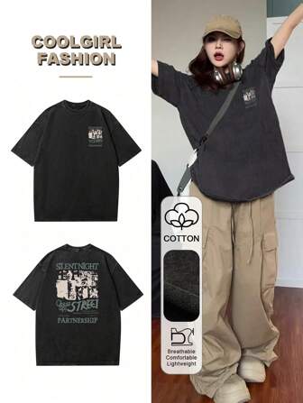 复古经典黑色美式休闲宽松图案字母印花短袖 T 恤，女款，春夏