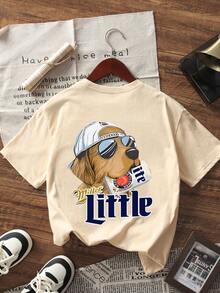 Women Summer New Stylish Striped Design Sunglasses Dog Graphic Print Casual Round Neck Short Sleeve T-Shirt, Fashionable & Versatile - Apricot - View 2