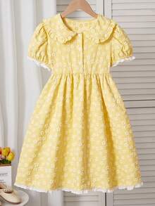 1pc Girl's Sweet Peter Pan Collar Casual Dress, Summer - Mustard Yellow - View 1