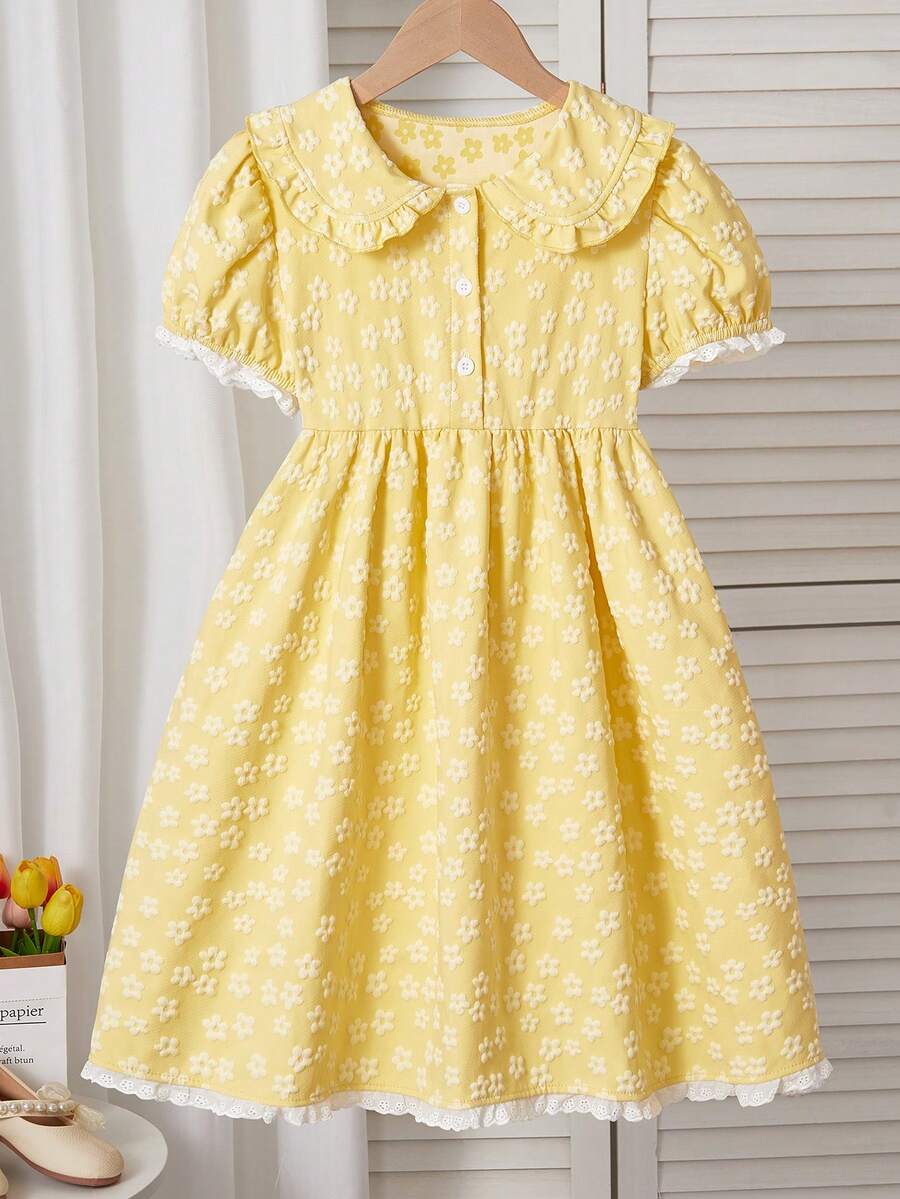 1pc Girl's Sweet Peter Pan Collar Casual Dress, Summer - Mustard Yellow - View 1