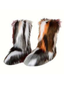 Women's Faux Fur Boots, Casual Slip On Furry Fluffy Snow Boots, Women's Comfortable Mid-Calf Boots - Black - View 9