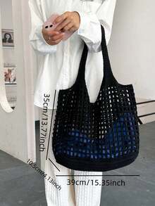 Fashionable Summer Essential: Women Crochet Knitted Handheld Tote Beach Bag, Large Capacity Hollow Out Handbag, Hollow Out Tote Bag, Hollow Out Beach Bag, Shoulder Bag, Women Seasonal Backpack, Beach Purse, Perfect For Summer, Vacation & Daily Use, Travel Must Haves,Elegance Vintage Black,Holiday Essentials,Mother Day Gift,Purse Essentials,Teacher Gifts,Travel Essentials,School Supplies,Beach Tote - Black - View 4