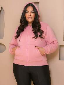 PLUS SIZE WOMEN'S BLOUSE WITH ZIPPER, POCKETS AND FUR - Coral Orange - View 4