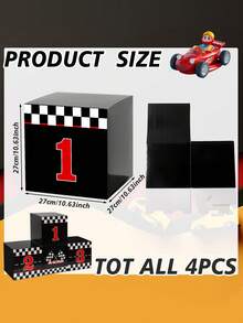 4 piezas de 27*27cm Cajas de fondo para fiesta de carreras de coches, diseño de podio a cuadros negros y blancos, decoración de fiesta de cumpleaños con tema de carreras, cajas con diseño de bandera de carreras, accesorios de fiesta de cumpleaños, decoración de fondo para fotos de autos de carreras
