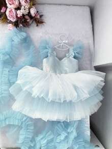 Blue Bowknot Sequin Mesh Trailing Princess Dress, Suitable For Birthday Party, Christmas, Prom, Wedding, Flower Girl - 淺藍色 - 查看 6