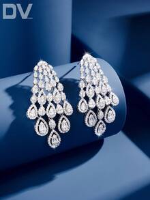 DV JEWELRY 1 对奢华镀锆石白金吊坠耳环，优雅珠宝礼物，适合女性、婚礼、派对、周年纪念，带礼盒 - 銀色 - 查看 2