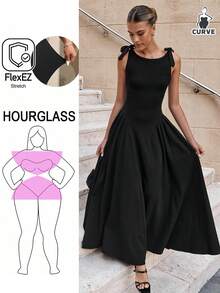 大码女式长款 A 字裙，肩部系带和蝴蝶结，黑色无袖，松紧腰身，夏季休闲连衣裙，节日连衣裙，女士夏季服装，度假、通勤和日常穿着 - 黑色 - 查看 1