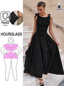 Robe longue évasée pour femmes grandes tailles avec laçage aux épaules et nœud papillon. Robe d'été sans manches, taille élastique ajustée. Robe décontractée pour vacances, sorties et port quotidien