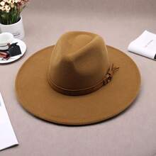Women Men Wide Brim Fedora Hat Solid Color Belted Wool Hat Felt Jazz Cap For Party - 卡其色 - 查看 4