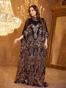 SUPGIR [Random Print] Plus Size Women's Stand Collar Long Sleeve Reversible Sequin Contrast Mesh Fabric Elegant Evening Dress - màu đen - Xem 6