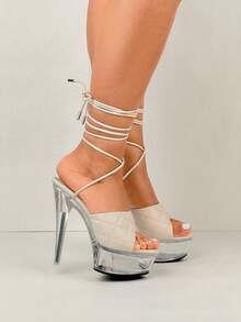 Retro Genuine Leather Quilted Criss-Cross Strap Waterproof Platform Peep-Toe High Heel Sandals - Cream - View 5