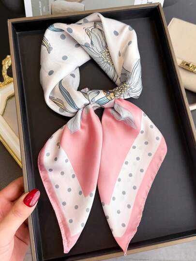 1 Pc Summer Floral Print Neck Tie Square Scarf Fashion Satin Silk Beach Stoles Hair Handbag Wrsit Foulard Hijab Bandanda Suitable Holiday Office Travel Accatio Accessories