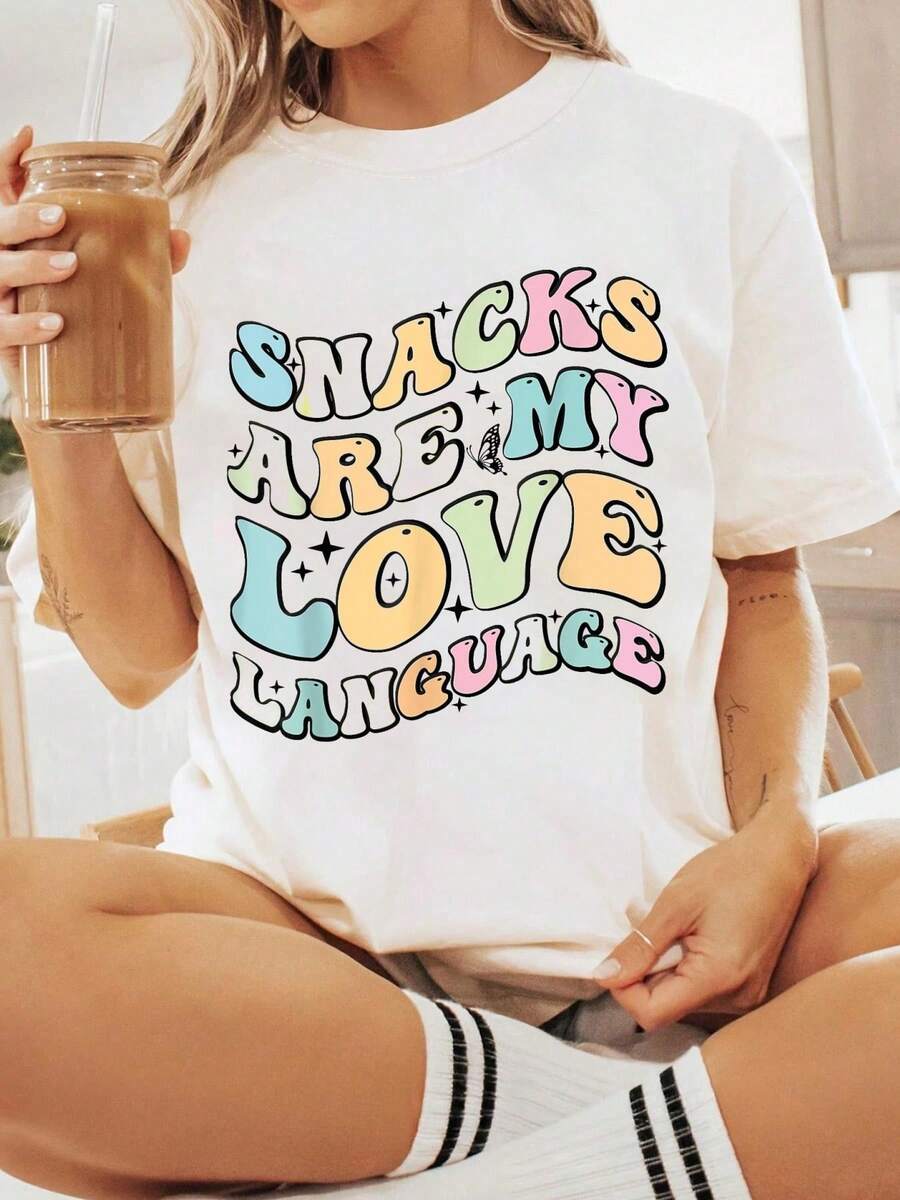 Snacks Are My Love Language Funny Saying For Food Lovers T-Shirt Summer Outfits For Women Graphic Tees - 白色 - 查看 1
