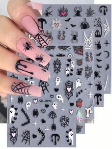 5D 卡通万圣节指甲贴纸 2/5 件黑白粉色幽灵蜘蛛心蛛网蝙蝠星星月亮水滴怪异设计 DIY 秋冬 Y2K 自粘凝胶抛光贴花滑块美甲装饰美甲用品