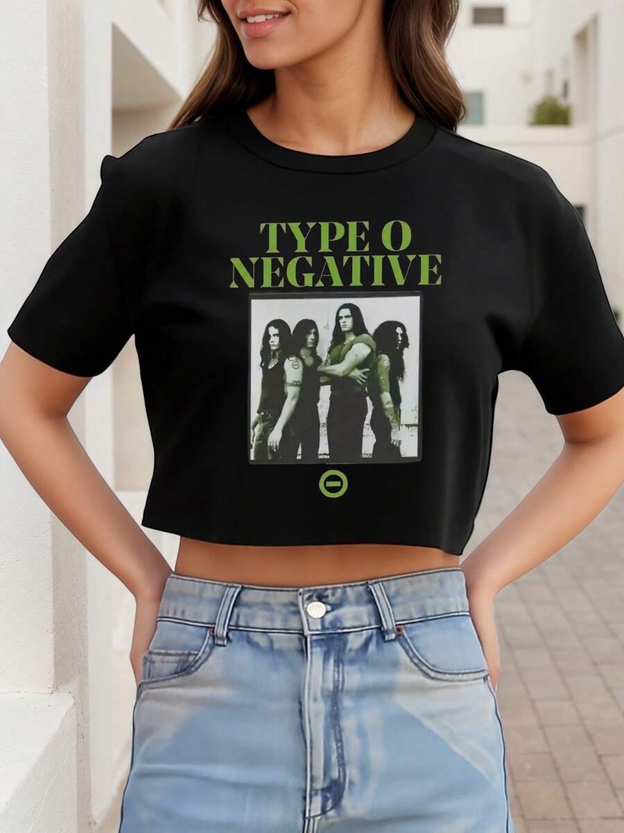 Women's Type O Negative Band Crop Tee Shirt Exposed Navel T-Shirt , Women's New Summer Casual Crew Neck Pure Cotton Short-Sleeved T-Shirt(1 PC) - màu đen - Xem 1