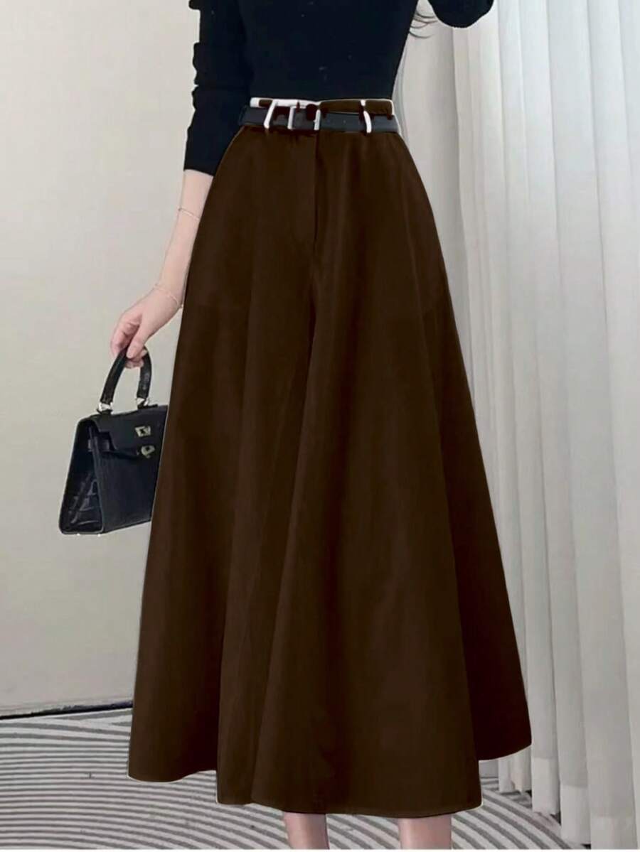 Solid Color High Waist Skirt With Pockets On Both Sides And Wide Hem - Maroon - View 1