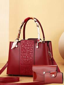 Conjunto Elegante de 3 Peças de Bolsas de Moda Feminina com Bordado - Estampa Geométrica Elegante, Bolsa de Couro Sintético e Carteira Tipo Clutch com Lenço