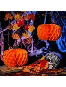 3pcs Pumpkin Honeycomb Decor, Halloween Party 3D Pumpkin Hanging Ornament For Window Display, Tabletop Centerpiece, Thanksgiving, Room, Home Decor, Theme Party, Birthday, Outdoor Garden Decoration - Multicolor - View 10