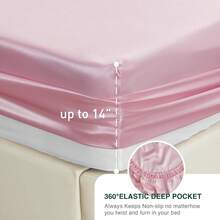 4Piece California King Satin Bed Linen Set, Pink Silky Satin Sheets, Deep Pocket, Luxury Silk Feel, 1 Flat, 1 Fitted Sheet, 2 Pillow Cases - 粉色 - 查看 7