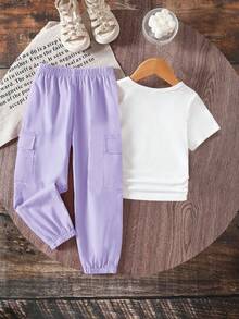 Girls' Summer New Casual Fashion Sporty Purple Heart Print White Round Neck Cinched Waist Short Sleeve T-Shirt Paired With Pink Long Cuffed Cargo Pants, Suitable For Daily Casual, Outdoor, Sports, Travel - Purple - View 2