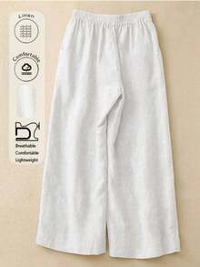 女士简约舒适休闲透气弹力腰亚麻长裤，适合春夏秋季节穿着。裤子饰有手工缝制纽扣。