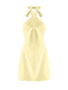 女式街头简约性感露背直肩无袖交叉挂脖纯色连衣裙挂脖扭结系带迷你丝滑紧身连衣裙，春夏 - 黃色 - 查看 5