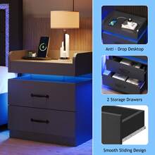 LED NightStand Set Of 2, Modern Night Stands With 2 Drawers, Bedside Tables And End Side Tables For Bedroom, Black/ White/ Grey - 黑色 - 查看 6