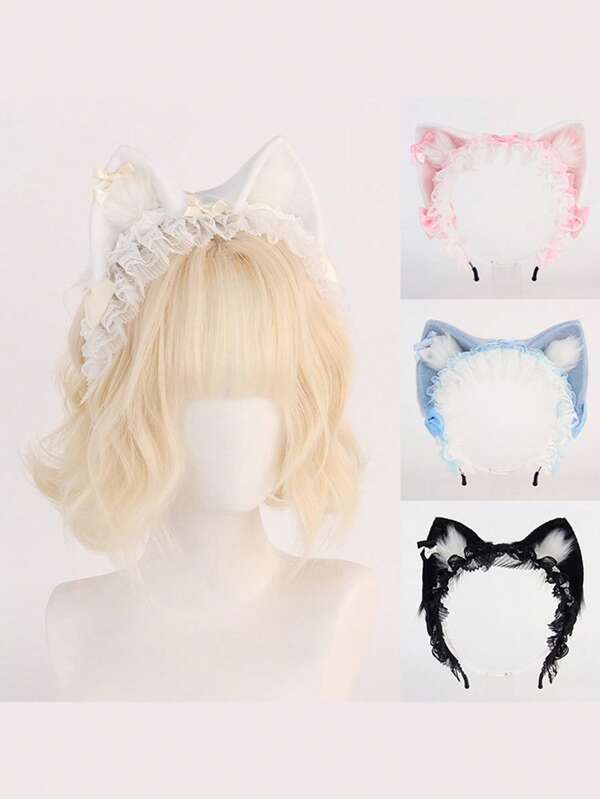 Diadema con orejas de gato, lazo de encaje, accesorios de disfraz de sirvienta de gato para cosplay, actuaciones en vivo y transmisiones en vivo de Halloween