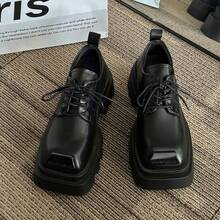 British Style Large Head Small Leather Shoes Women's Spring New Model Square Head Retro College Style Inner Height Thick Sole Knotted Belt Women's Shoes Square Head Thick Sole Loafer Shoes Comfortable Thick Convex Sole Short Shoes Knotted Belt Black Gothic Shoes - 黑色 - 查看 5