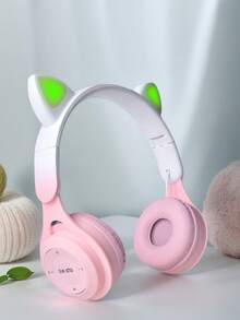 新款猫耳耳机无线耳机，渐变色可爱女士情人节、新年、圣诞节礼物，带卡槽和可折叠迷你马卡龙，节日礼物无线耳机 - 粉色 - 查看 11