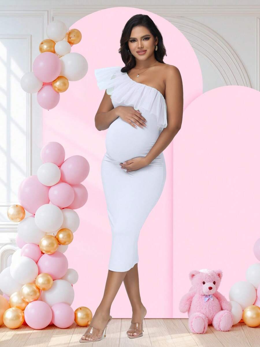 JustVH 孕妇透视领中长连衣裙，适合婴儿派对和拍照 - 白色 - 查看 1