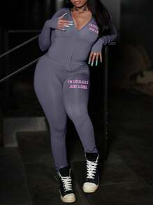 LovelyWholesale Women'S Sports Hooded Long Sleeved Letter Printed Zipper Jacket And Tight Pants Set For Spring And Autumn