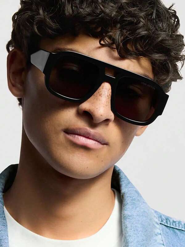 1pc Men's Black Square Vintage Double Bridge Pilot PC Oversized Frame Fashion Glasses , Simple & Stylish