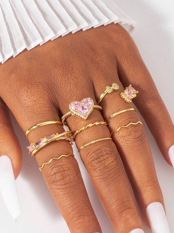 1/6/9pcs Elegant Sparkling Copper 18K Gold Plated Cubic Zirconia Heart, Bow, Geometric Ring Set, Women Stackable Knuckle Rings, Stacking Midi Rings, Daily Jewelry, Gift For Friends