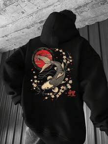 SU ER 男士休闲鲤鱼印花连帽衫，带口袋，秋冬款 - 黑色 - 查看 1