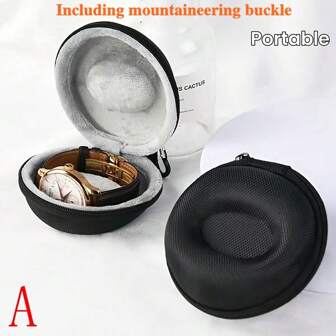 手表盒两件套，带登山扣，圆形便携式单表旅行盒，带拉链和衬垫的 EVA 手表盒，用于存放手表和智能手表，黑色尼龙椭圆形手表收纳盒，天鹅绒内饰，便携式旅行表盒，EVA 抗压保护袋，防摔、防震、防刮，适用于智能和机械手表