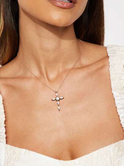 Colar com pingente de cruz de zircônia estilo minimalista, joia delicada em camadas para decoração de clavícula, presente para mulheres, dia das mães